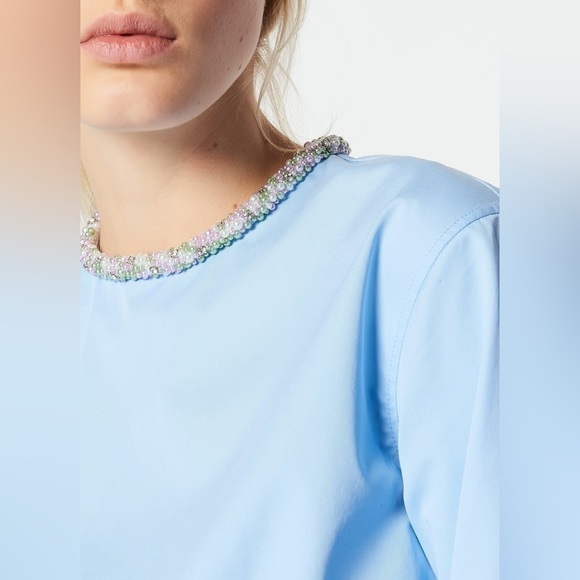 Sandro Top BEADED Jeweled COLLAR Blouse in Sky Blue size 1 - Picture 1 of 16